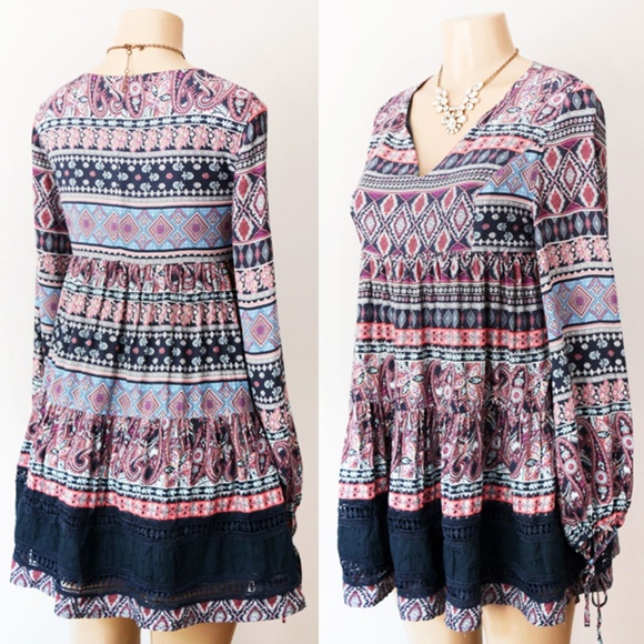 Navy Blue Multi BOHO Print Babydoll Tunic Blouse - Picture 2 of 8